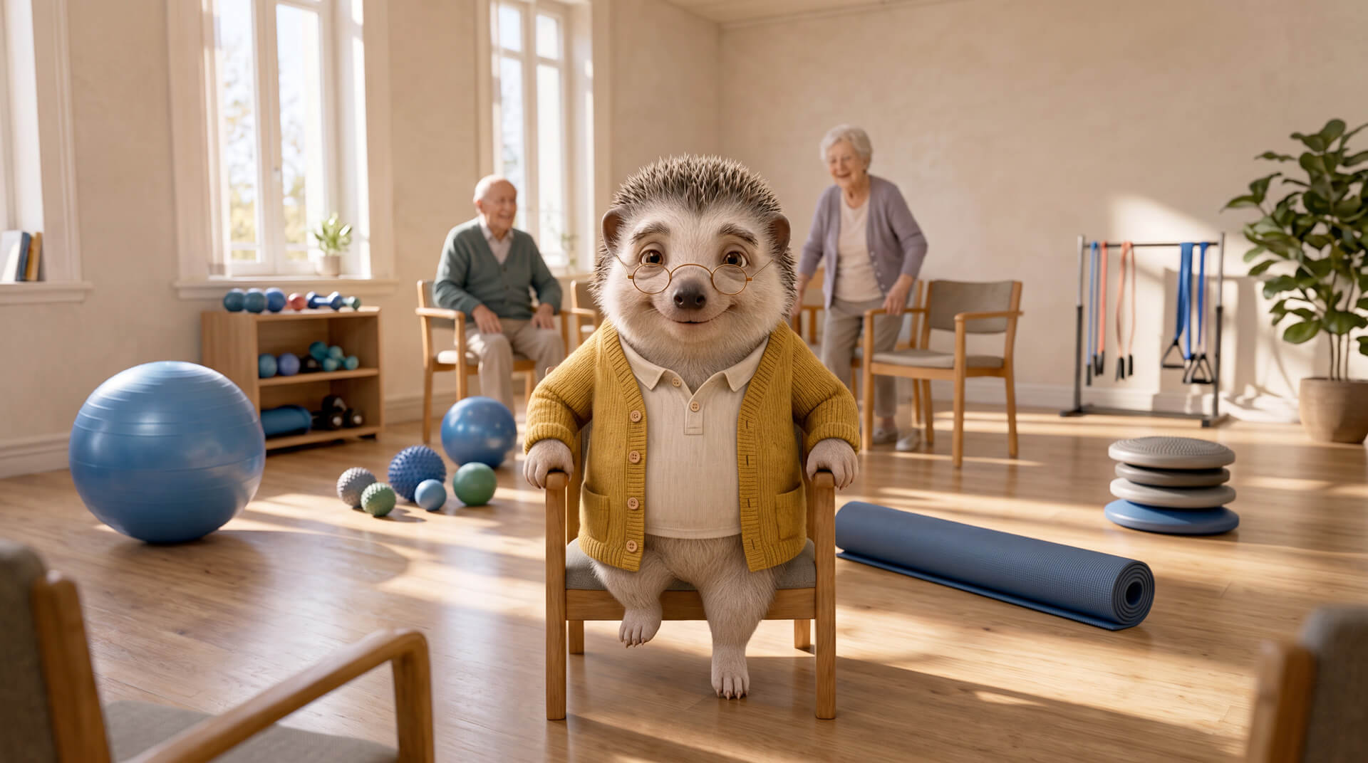 Maskottchen Egon im Gymnastikraum von Servicehaus Sonnenhalde, im Hintergrund Bewohner beim gemeinsamen Training